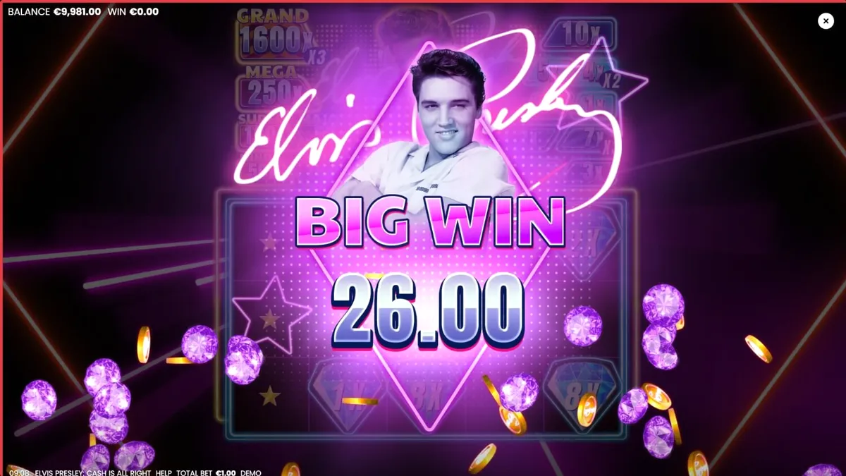 Tampilan visual slot Elvis Presley: Cash is All Right dengan nuansa neon Las Vegas